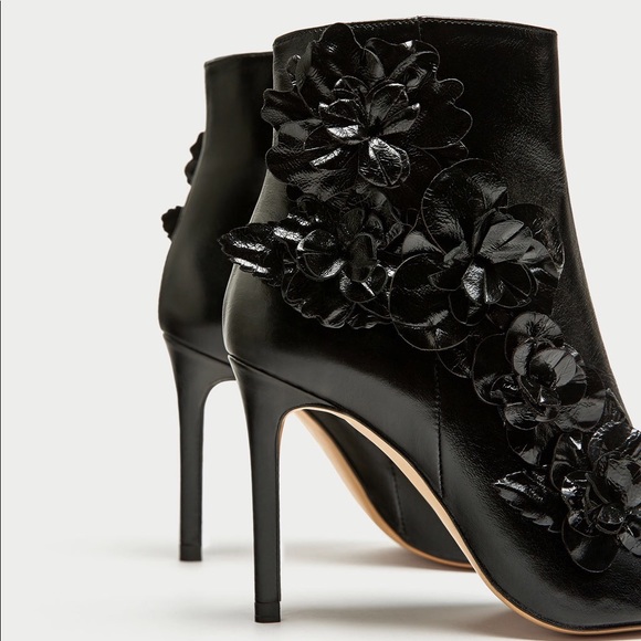 Zara Leather High Heel Ankle Boots with Flowers - Picture 6 of 8